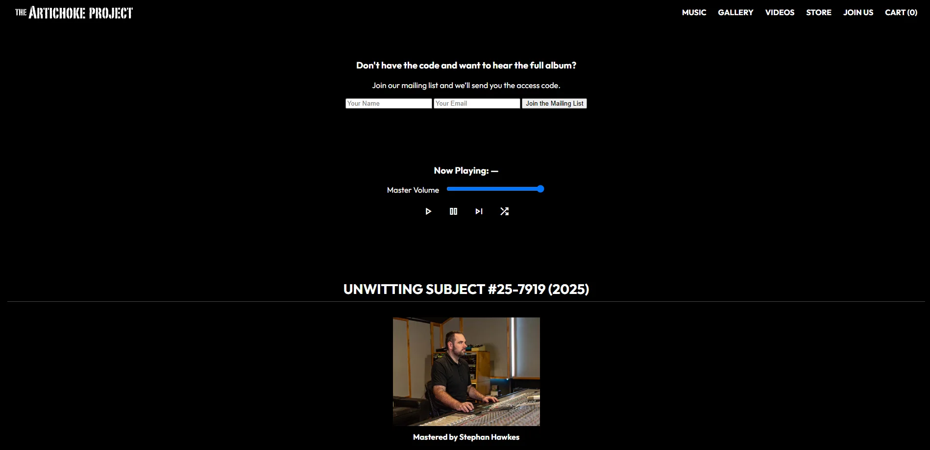 The Artichoke Project desktop music page