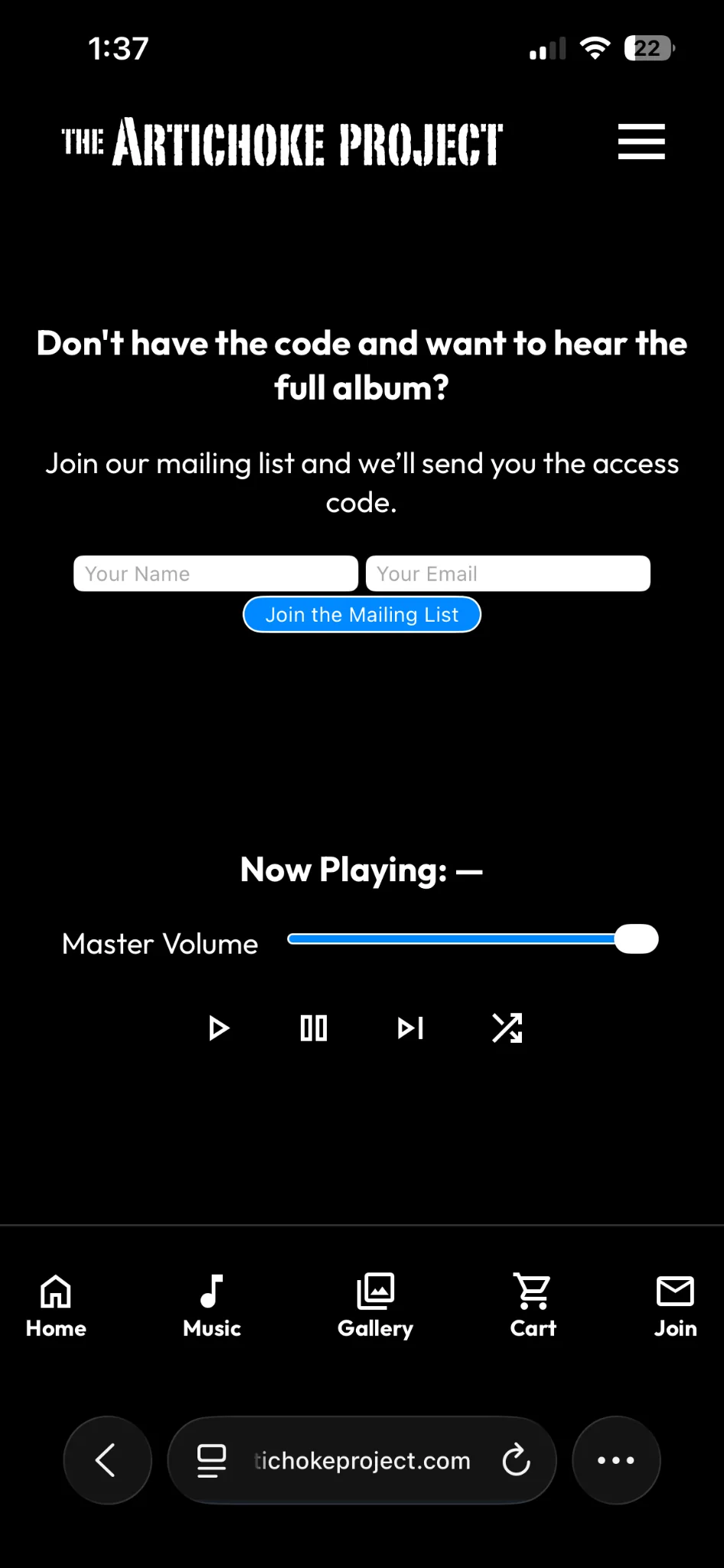 The Artichoke Project mobile about page