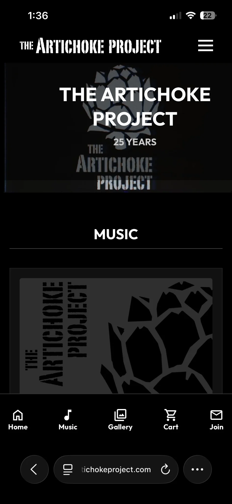 The Artichoke Project mobile homepage