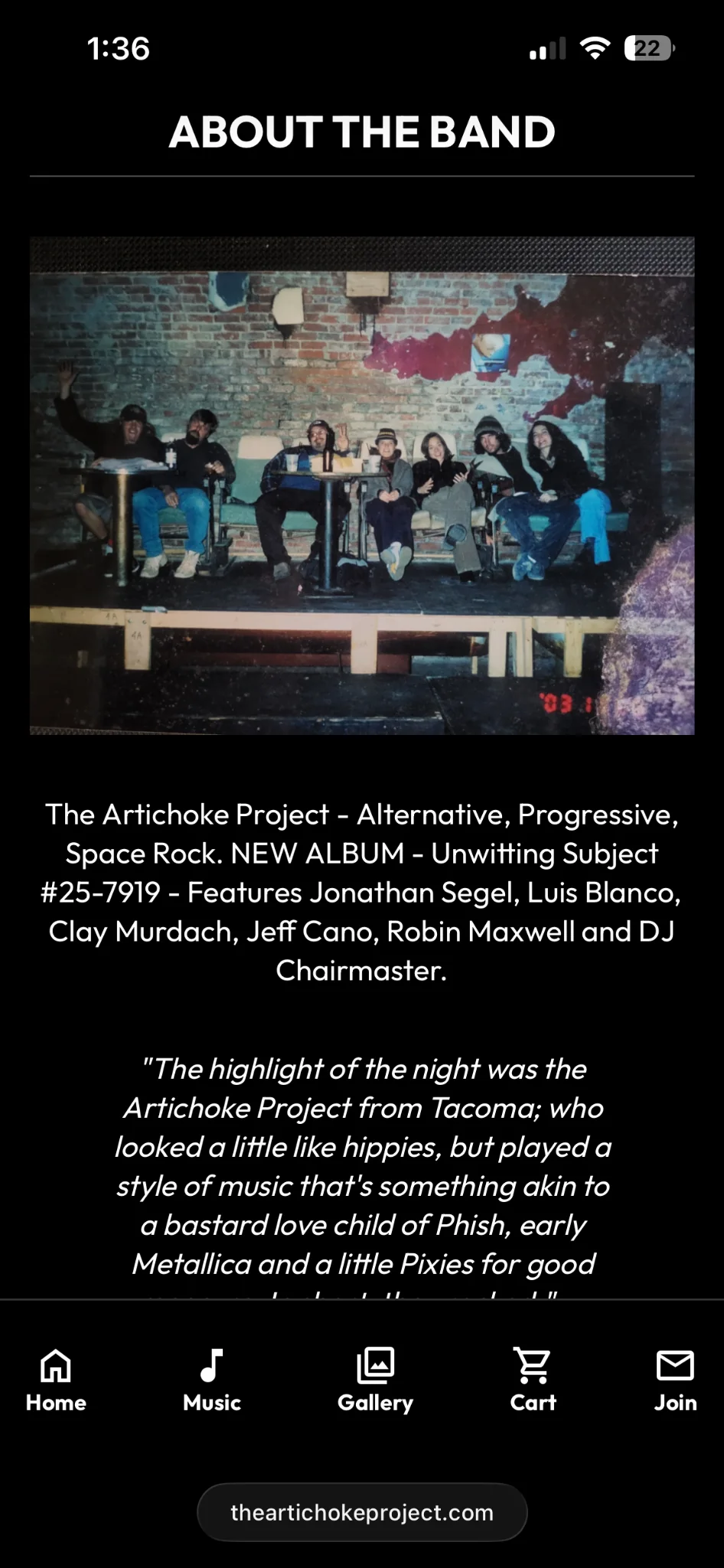The Artichoke Project mobile music page