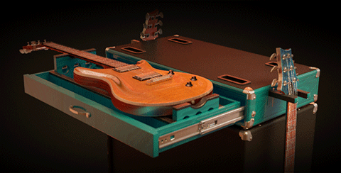 Teal guitar case with guitar