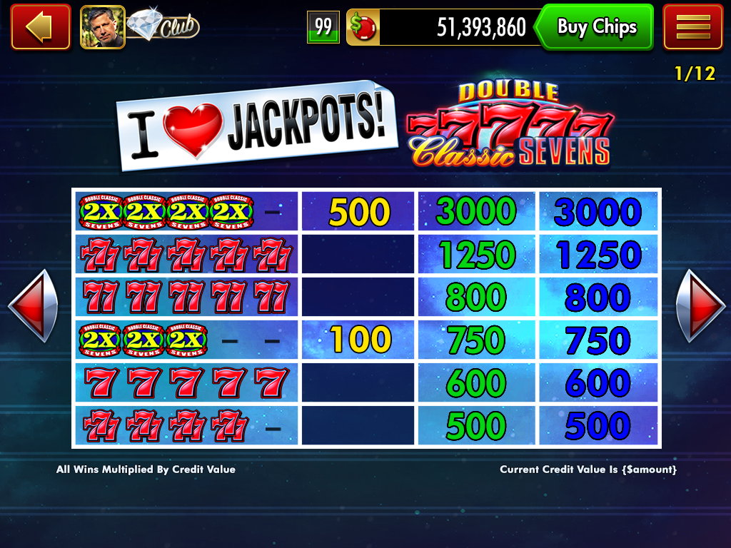 Classic Sevens paytable screen
