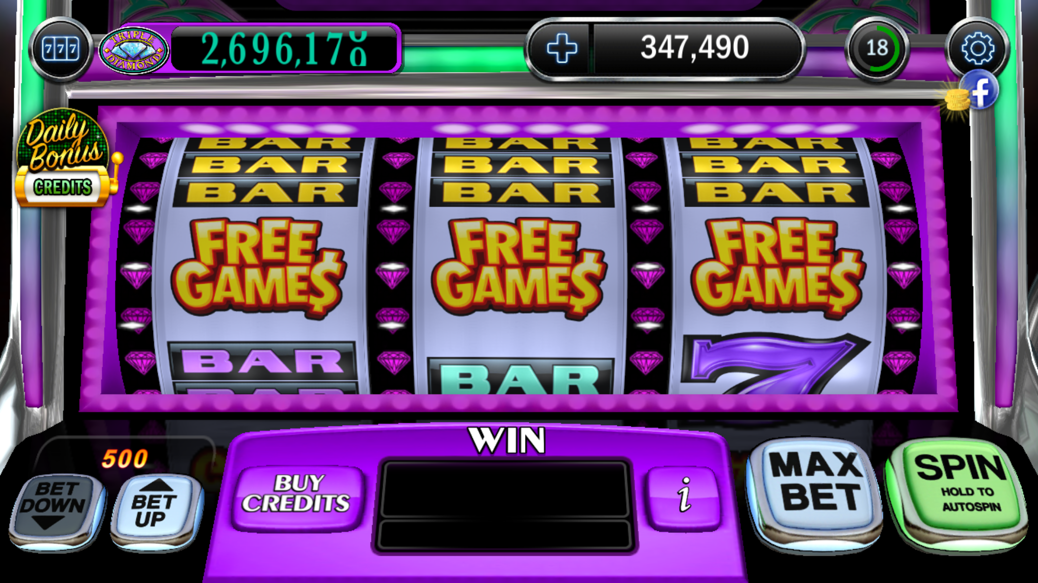 Triple Double Diamond mobile reels free games screen