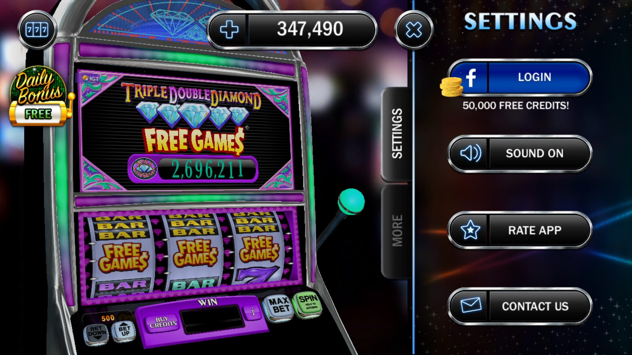 Triple Double Diamond mobile settings screen