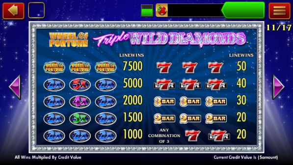 Wild Diamonds paytable screen