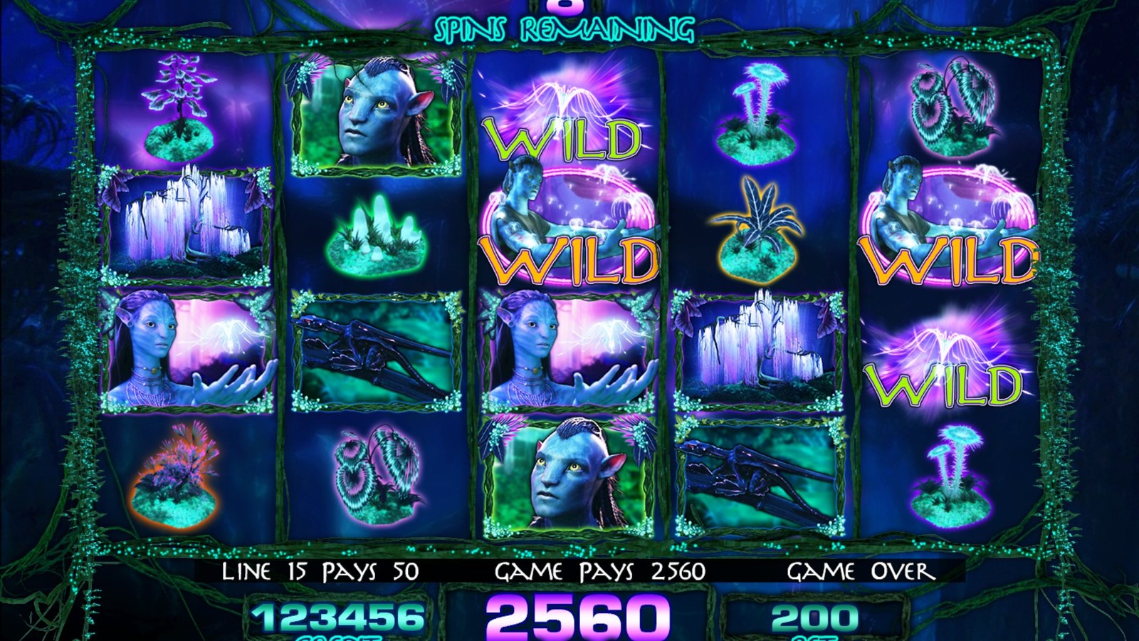 Avatar-themed slot machine game screen